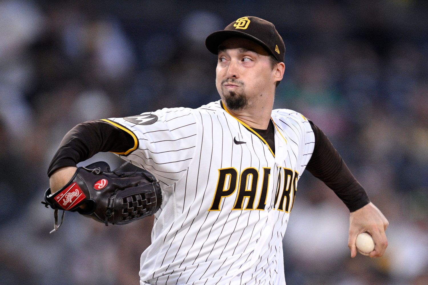 Sep 19, 2023; San Diego, California, USA; San Diego Padres starting pitcher Blake Snell (4) throws a pitch against the Colorado Rockies during the first inning at Petco Park. Mandatory Credit: Orlando Ramirez-USA TODAY Sports  